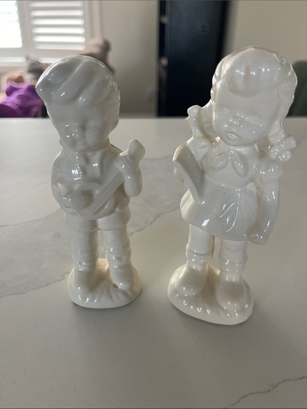 Vintage Porcelain Boy and Girl Figurine Pair in Glossy Ivory